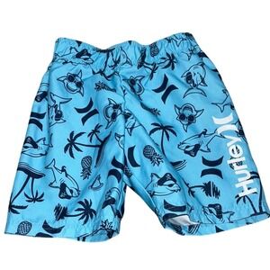 Hurley Boys Light Blue Shark Pirate‎ Tropical Mesh Lined Swim Trunks Size 4
